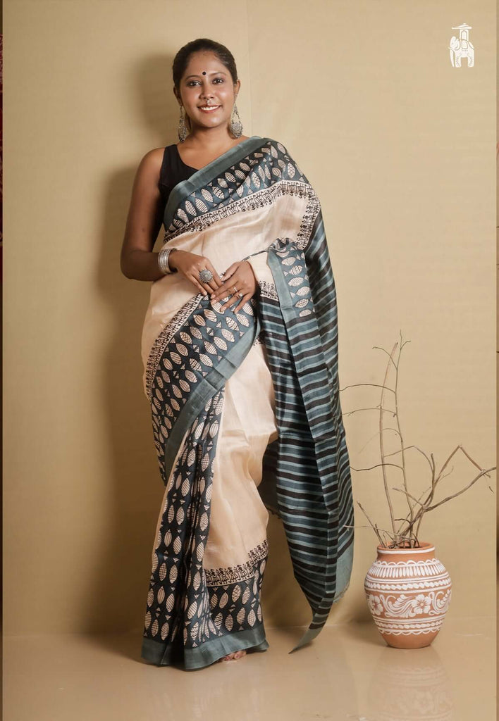 Beige Printed Pure Silk Saree with Grey Border