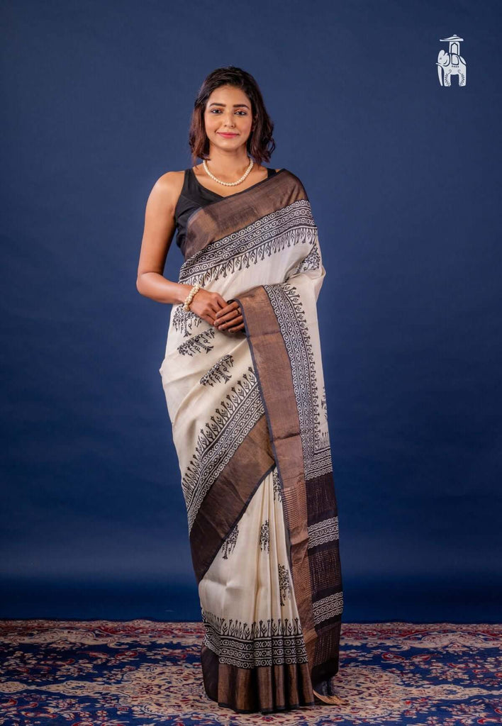 Black & White Tussar Silk Saree Zari Border