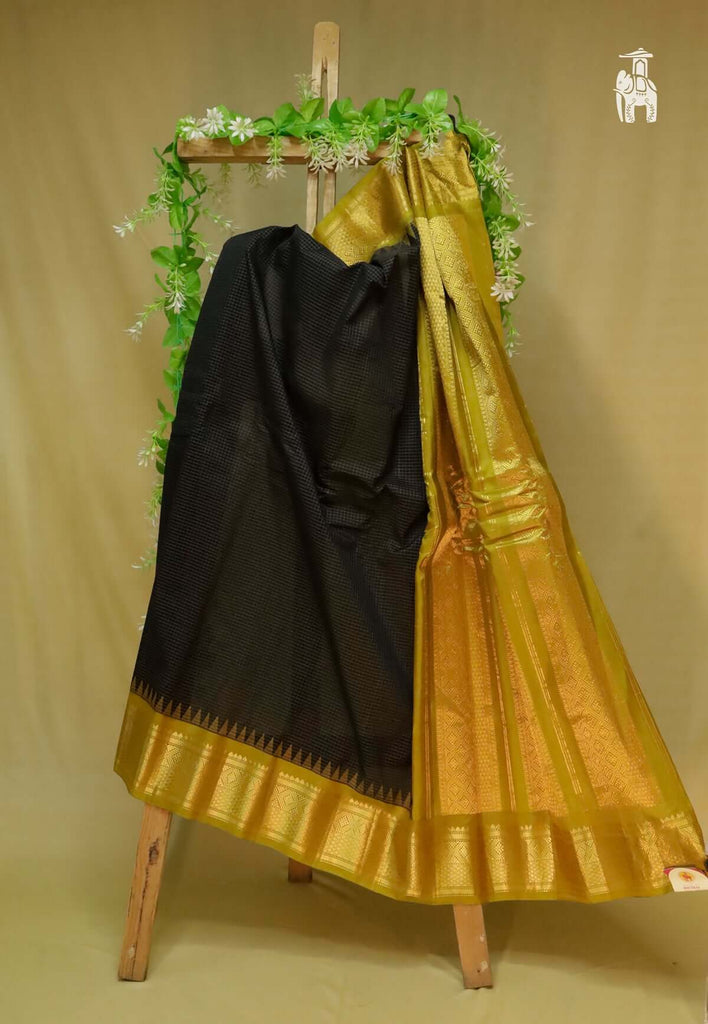 Black Gadwal Sico Saree with Yellow Border