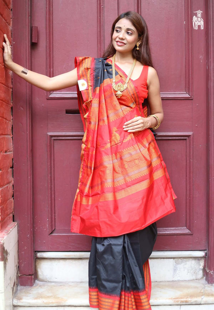 Black Kanjivaram Silk Saree with Red Border