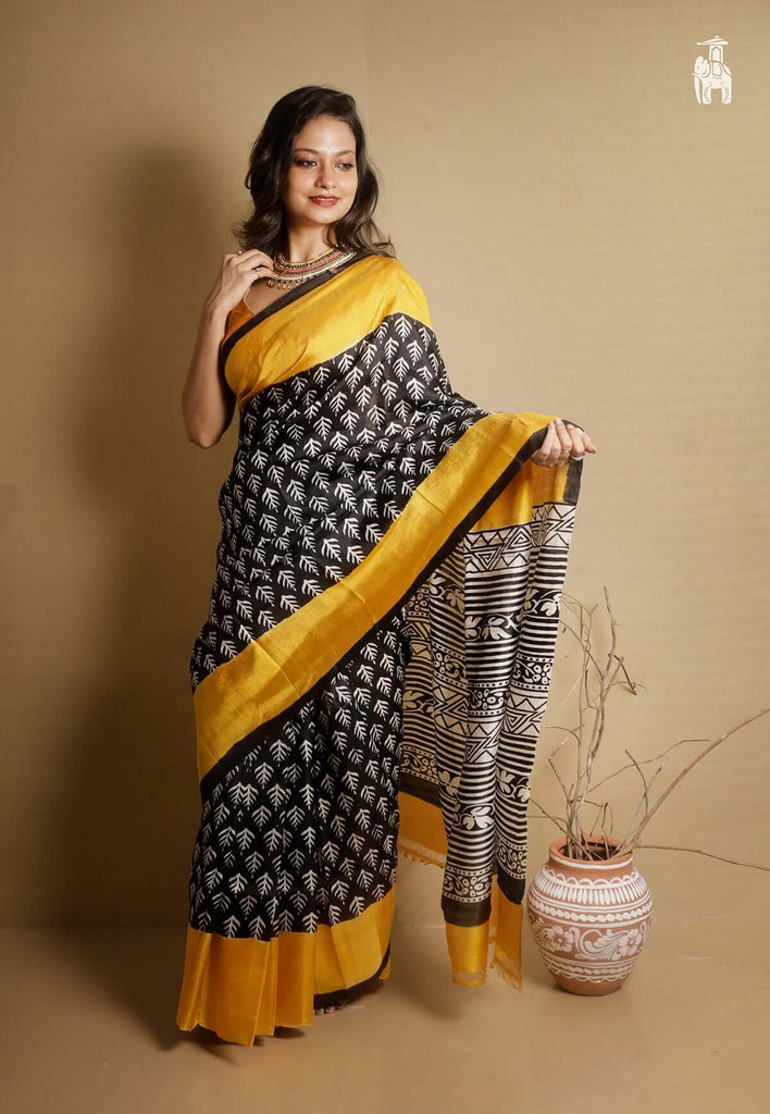 Black Printed Pure Silk Saree with Yellow Border