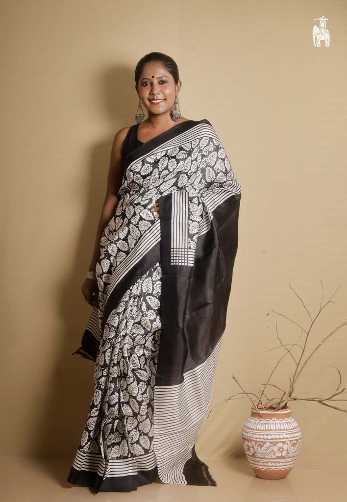 Black & White Printed Pure Silk Saree