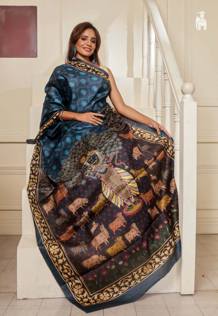 Blue Designer Ghicha Tussar Saree with Piping Frill Border