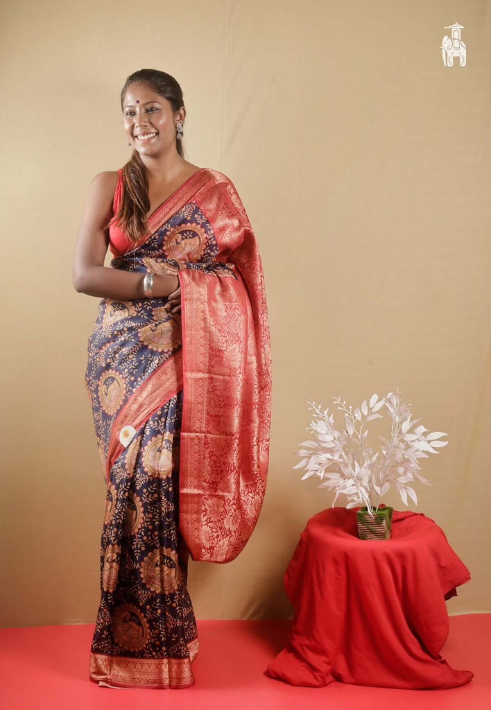 Blue Pure Printed Silk Saree with Red Border