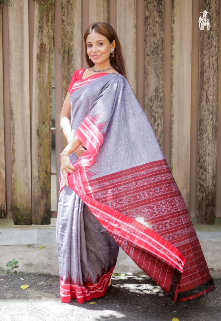 Bluish Grey Ikkat Cotton Saree with Red Border
