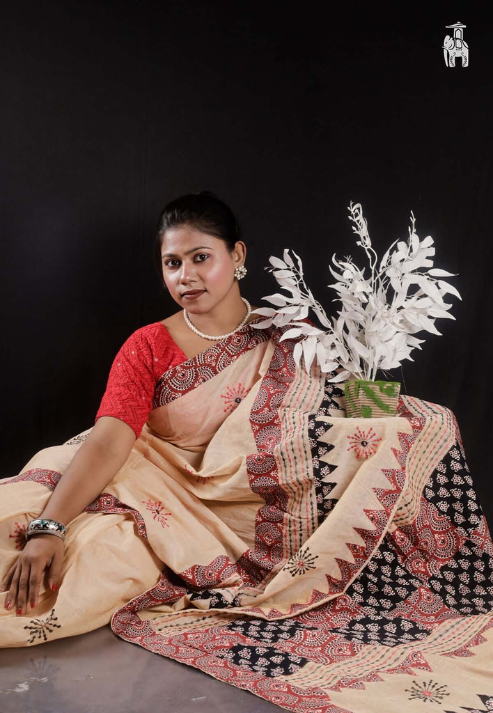 Brown Applique Work Saree with Red & Black Border