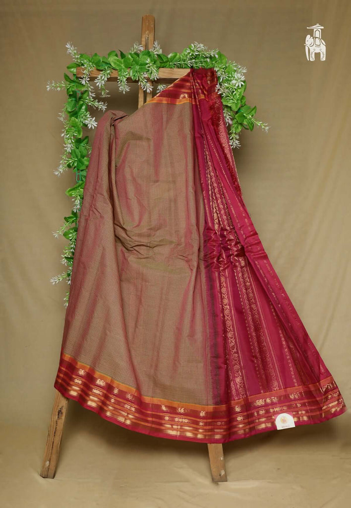 Brown Pure Cotton Gadwal Saree with Red Border