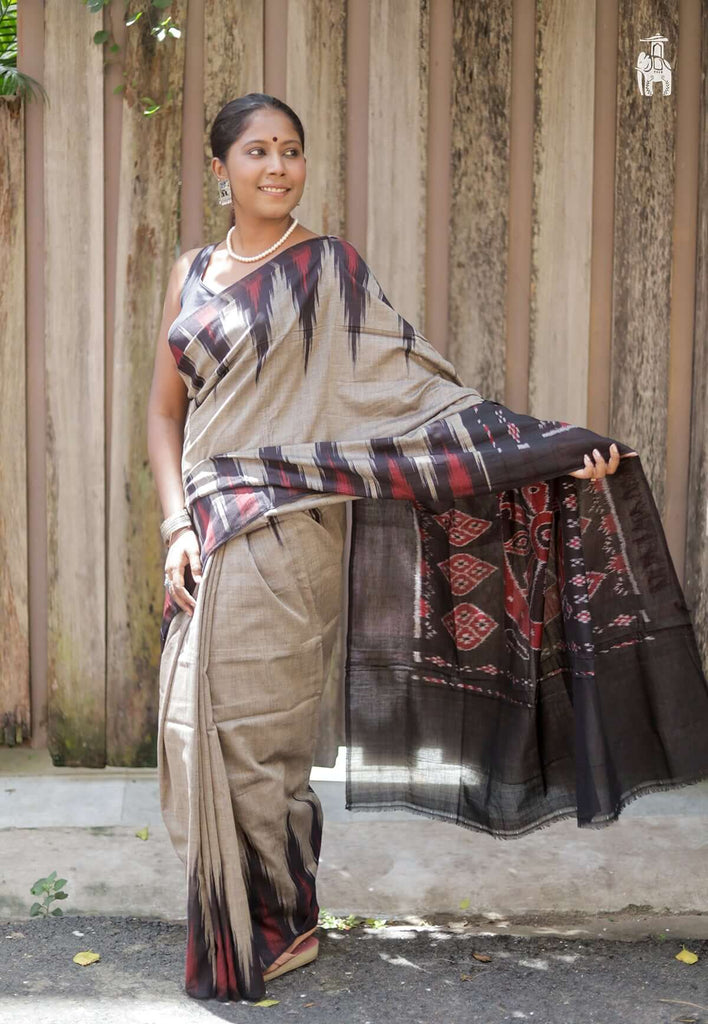 Brownish Grey Ikkat Cotton Saree with Red & Black Border