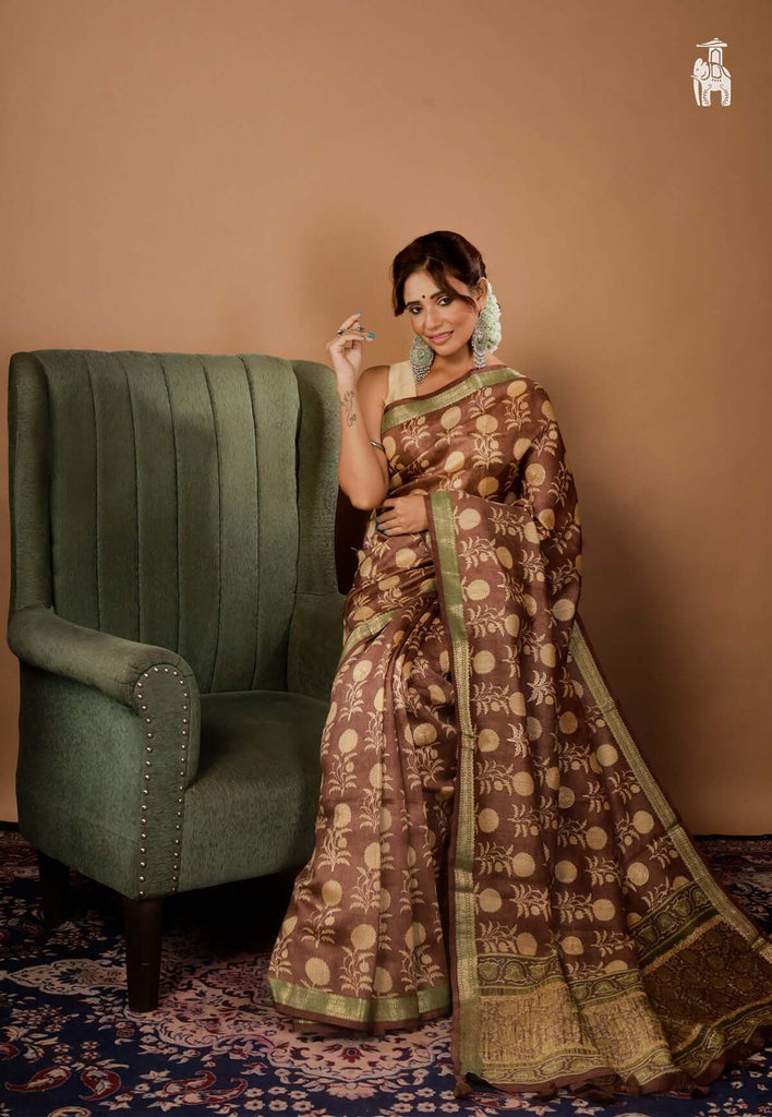 Chocolate Brown Pure Tussar Silk Saree