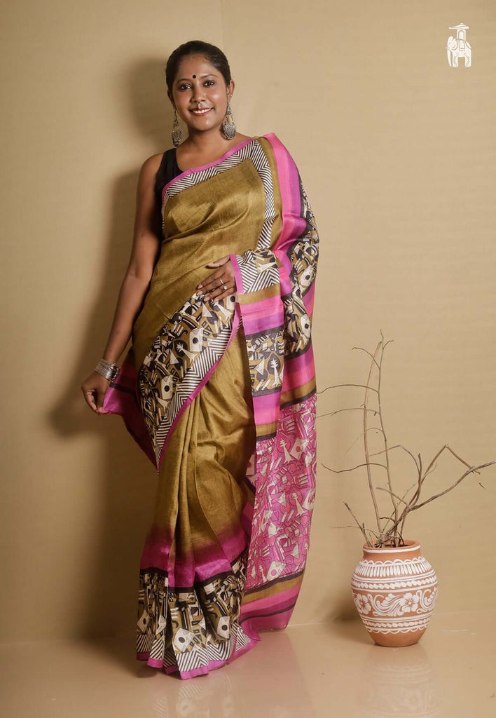 Coffee Color Printed Pure Silk Saree with Pink Border
