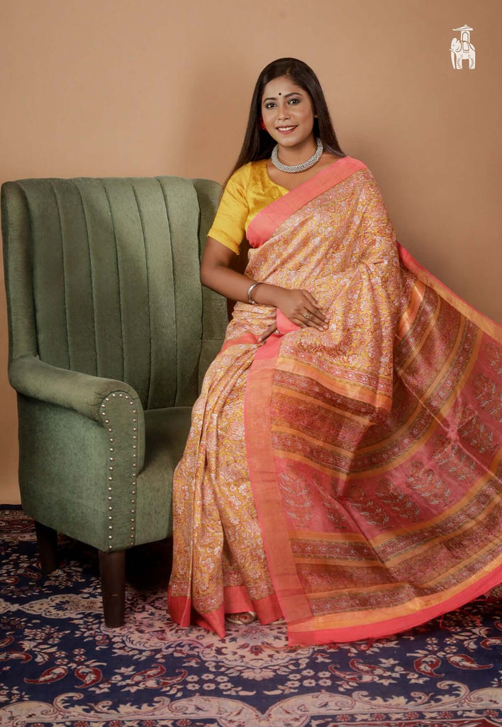 Coral Ghicha Tussar with Handblock Print in Zari Border