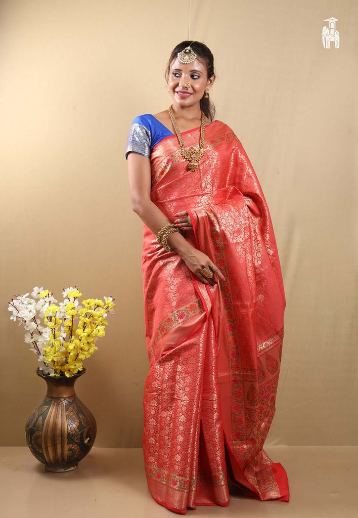 Coral Red Dupion Silk Saree