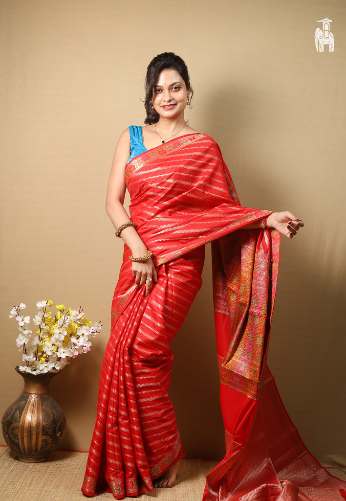Coral Red Dupion Silk Saree