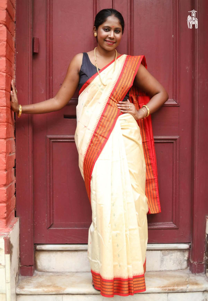 Cream Kanjivaram Silk Saree with Red Border