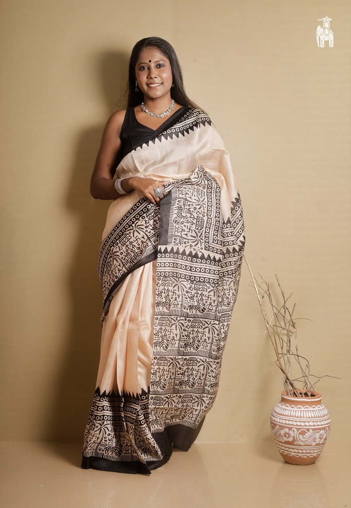Cream Printed Pure Silk Saree with Black Border