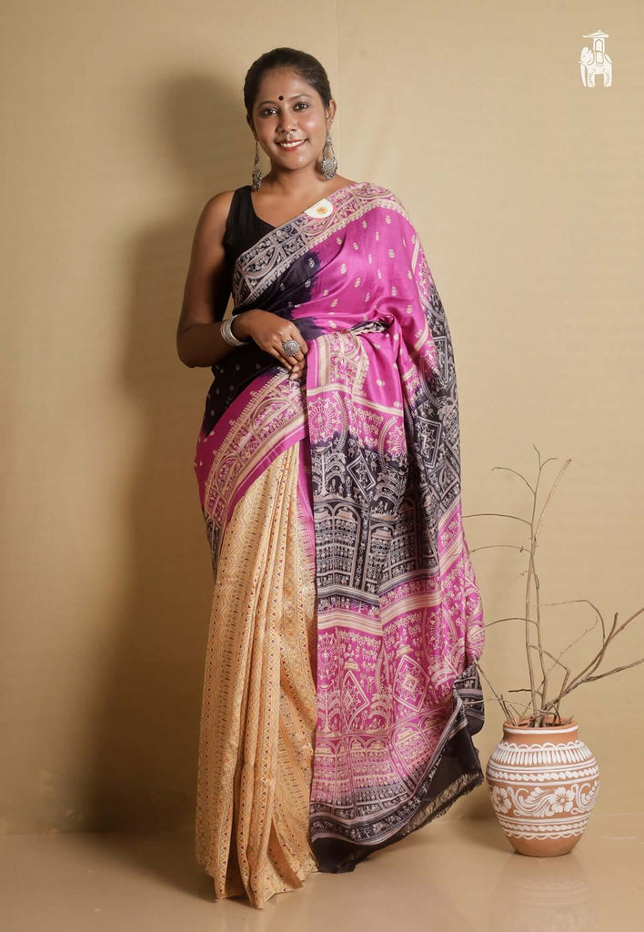 Cream Printed Pure Silk Saree with Pink & Black Border