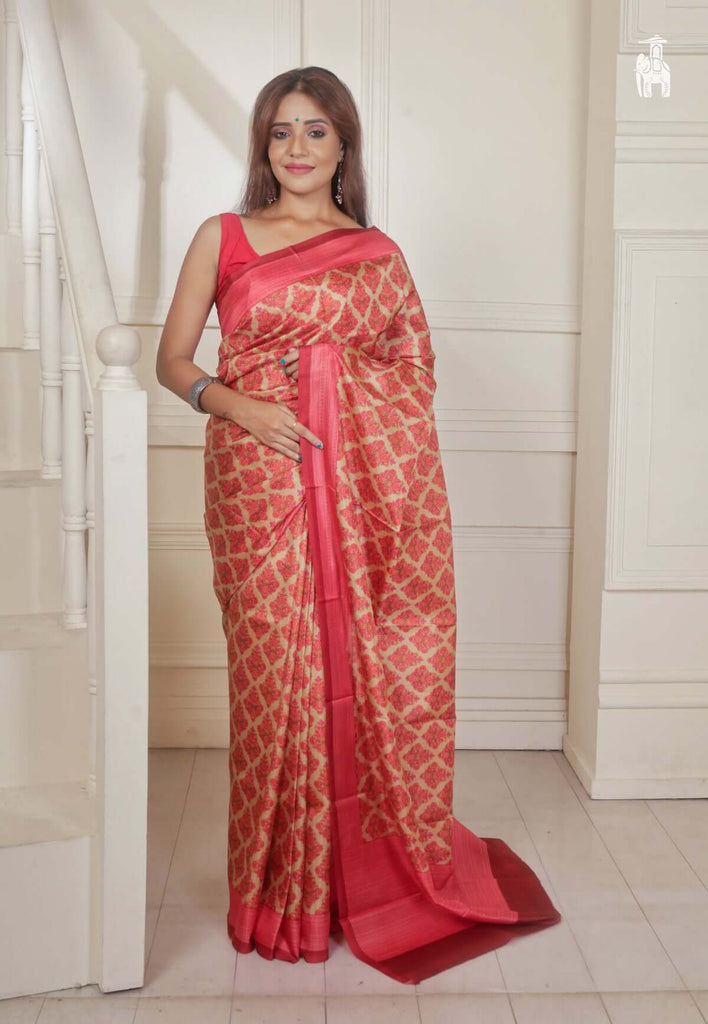 Cream Pure Mysore Silk Hand Block Printed Saree