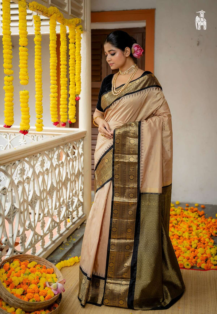 Creamish Brown Pure Kanjivaram Silk Saree with Black Border