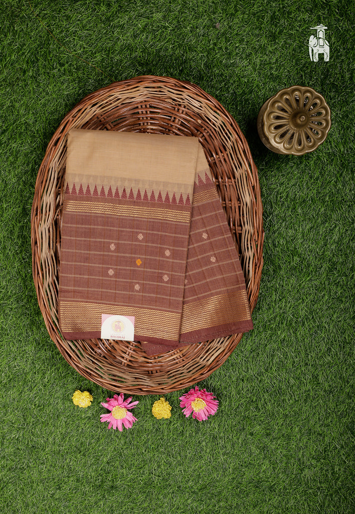 Dark Beige Cotton Kanjivaram Saree