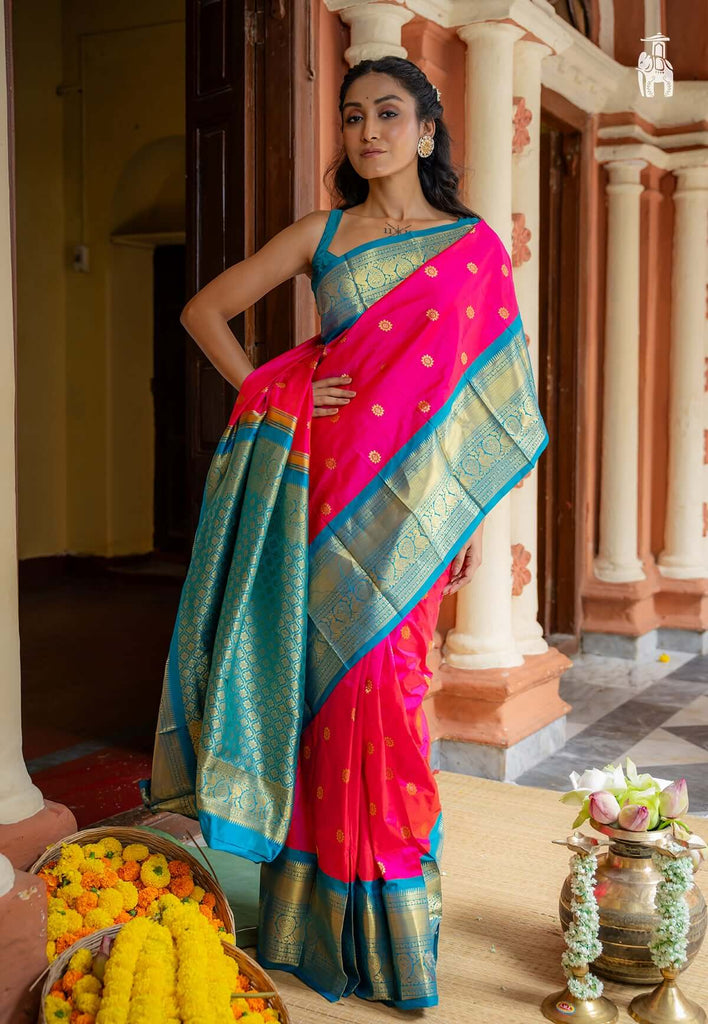 Deep Pink Pure Kanjivaram Silk Saree with Blue Border