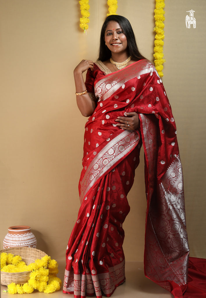 Deep Red Katan Silk Saree