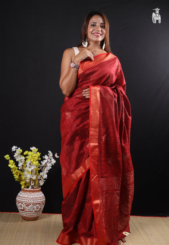 Deep Red Kosa Silk Saree