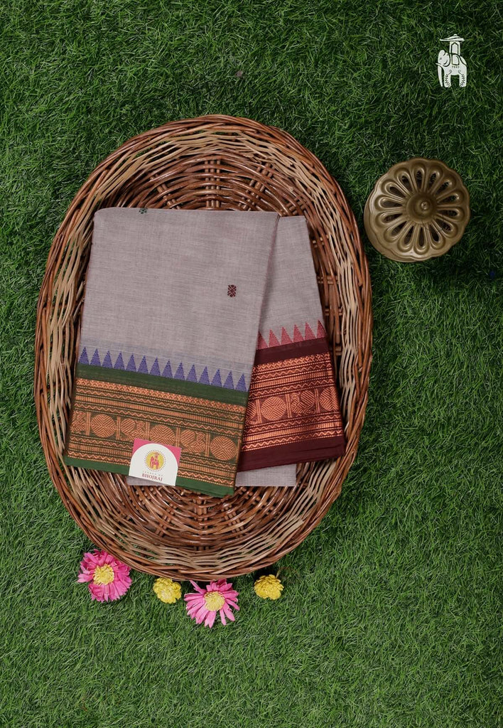 Dusty Grey Cotton Kanjivaram Saree with Ganga Jamuna Border