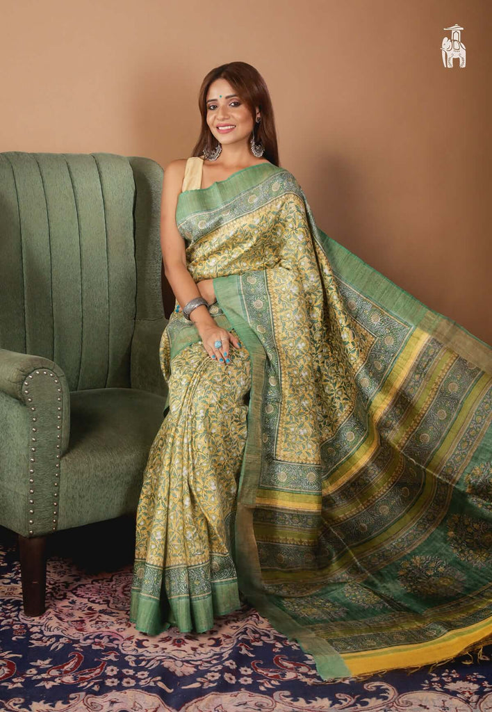 Green Ghicha Tussar with Handblock Print in Zari Border
