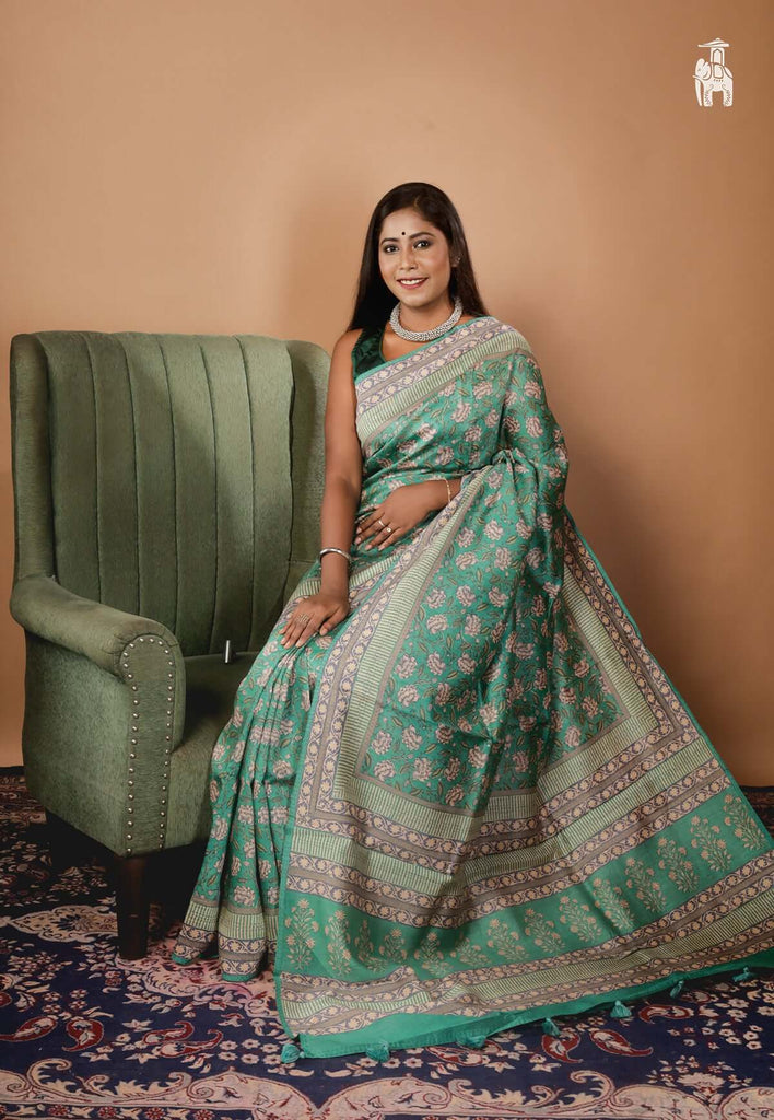 Green Pure Tussar Hand Block Printed Saree