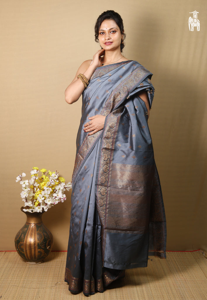 Grey Dupion Silk Saree