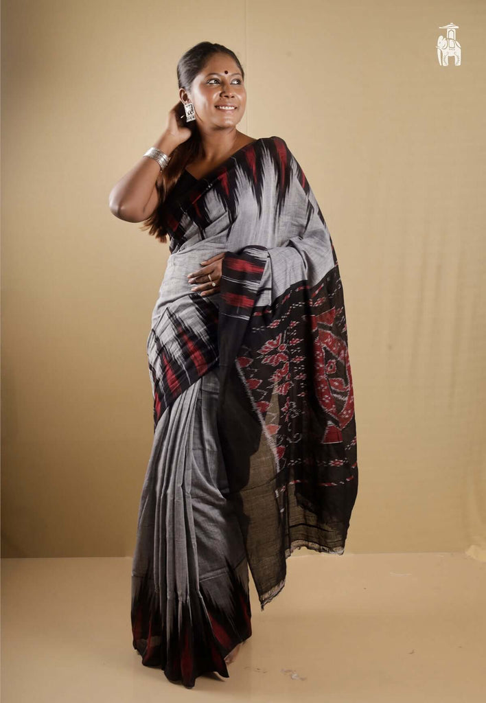 Grey Ikkat Cotton Saree with Red & Black Border