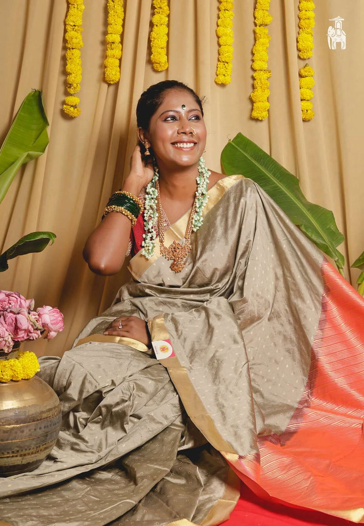 Grey Kanjivaram Silk Saree with Red Border