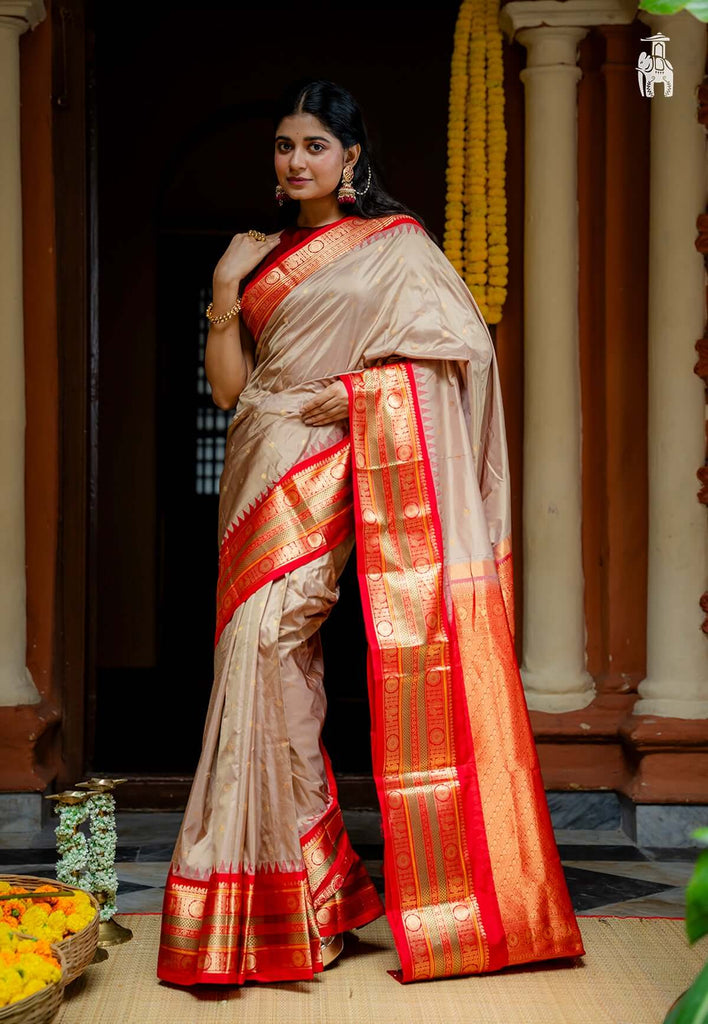 Grey Pure Kanjivaram Silk Saree with Red Border