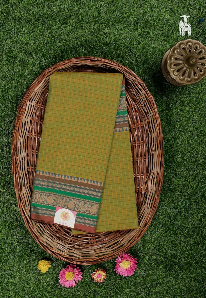 Khaki Green Maheshwari Cotton Saree