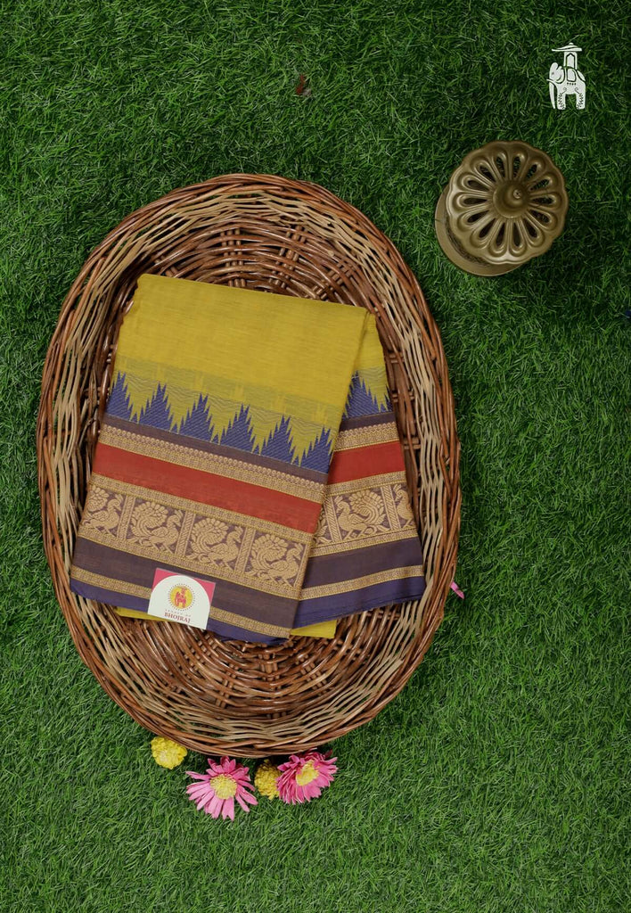 Lemon Yellow Cotton Kanjivaram Saree