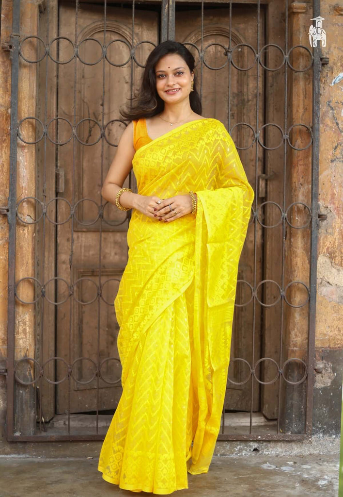 Lemon Yellow Dhakai Jamdani Saree