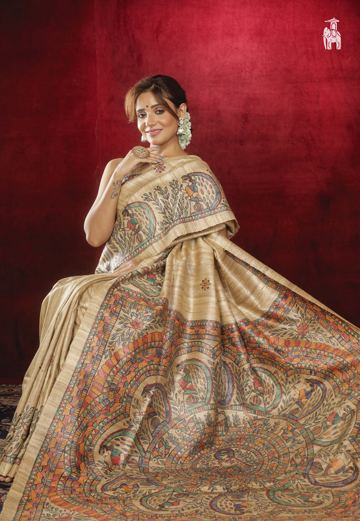 Light Brown Madhubani Print Pure Silk Saree