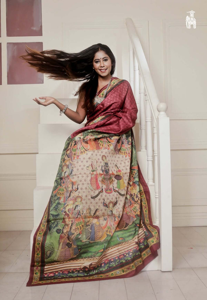 Maroon Designer Ghicha Tussar Saree with Piping Frill Border
