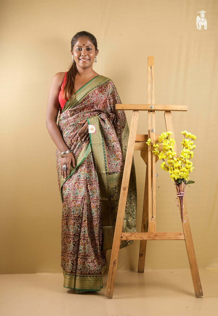  Maroon Printed Pure Silk Saree with Green Border