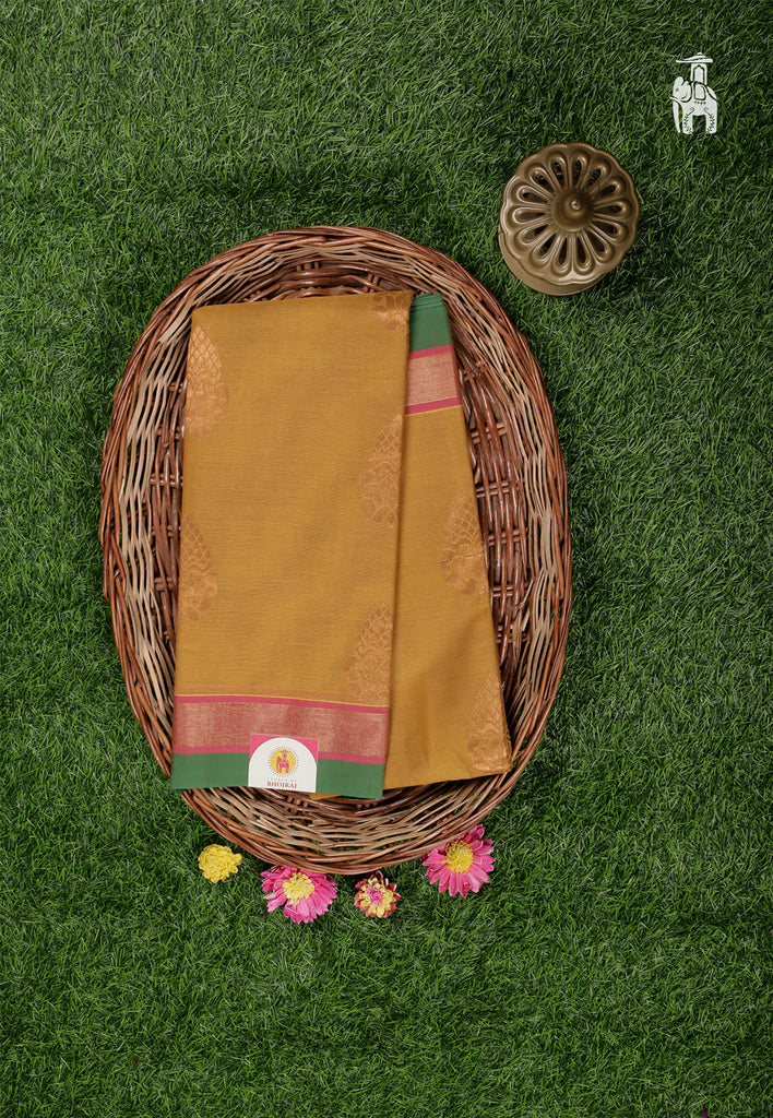 Mustard Brown Cotton Kanjivaram Saree