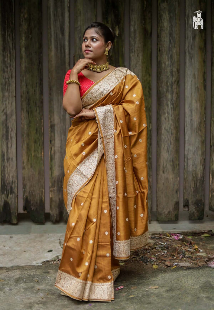 Mustard Yellow Embroidery Saree with White Border