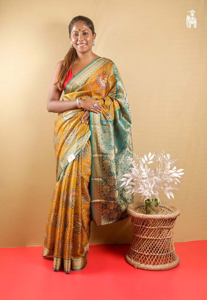 Mustard Yellow Printed Pure Silk Saree