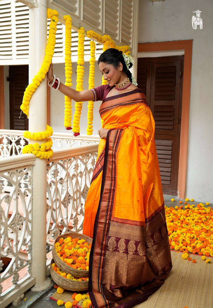 Mustard Yellow Pure Kanjivaram Silk Saree with Maroon Border