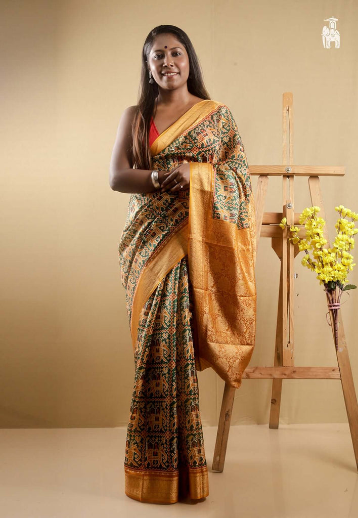 Mustard Yellow with Green Printed Pure Silk Saree