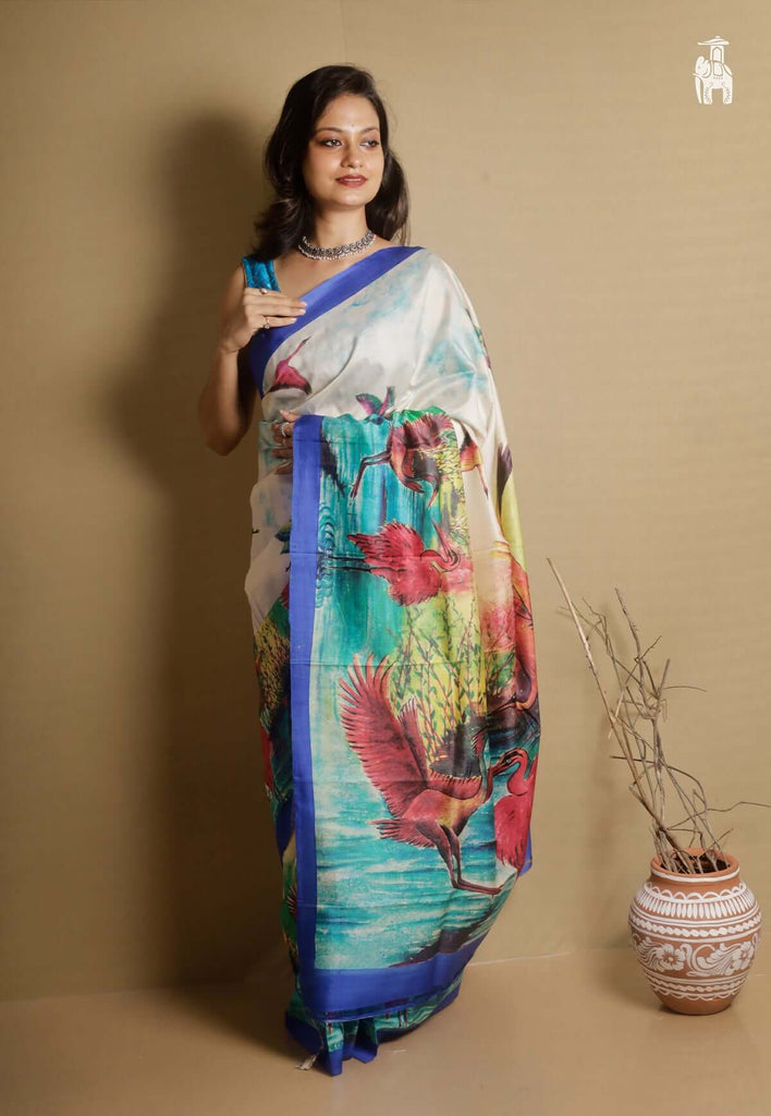 Off-White Printed Pure Silk Saree