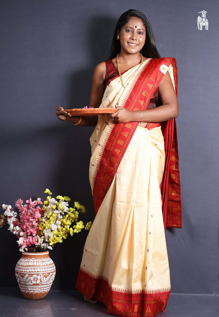 Off White Kanjivaram Silk Saree with Red Temple Border