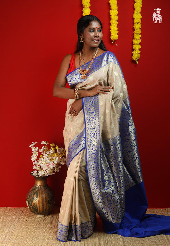 Off White Katan Silk Saree with Blue Border