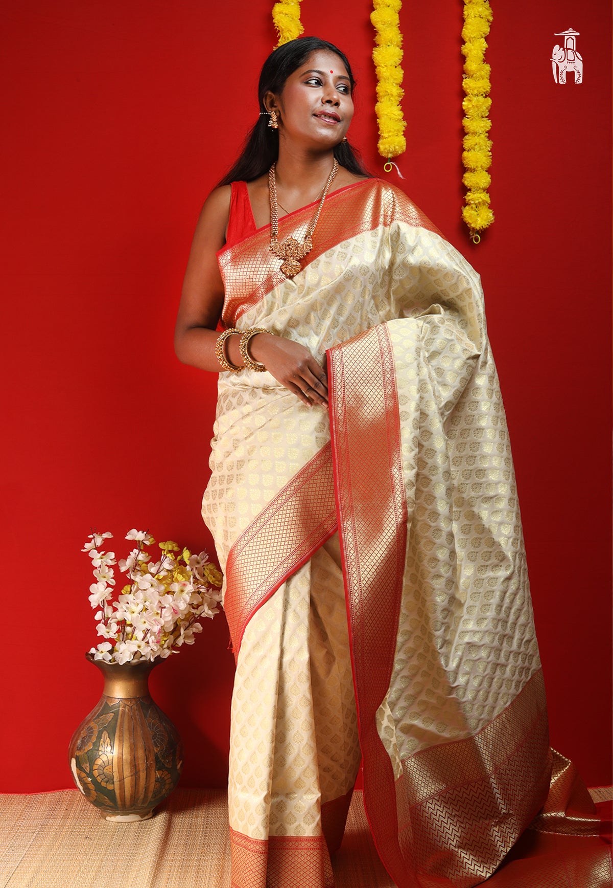 Off white silk saree with maroon border online