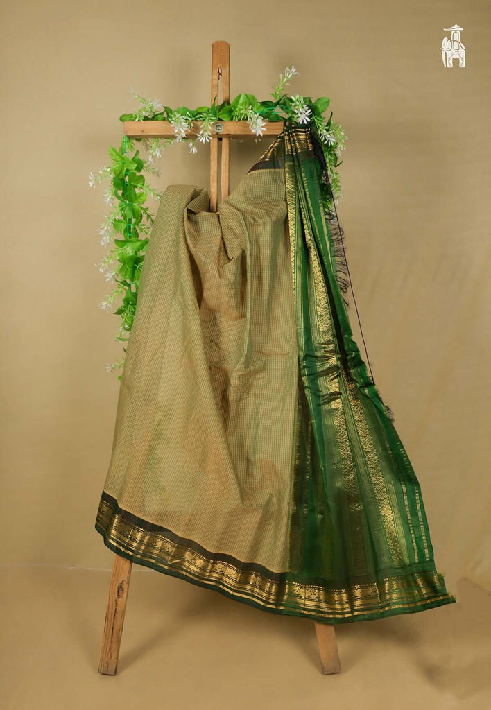 Olive Green Cotton Gadwal Saree