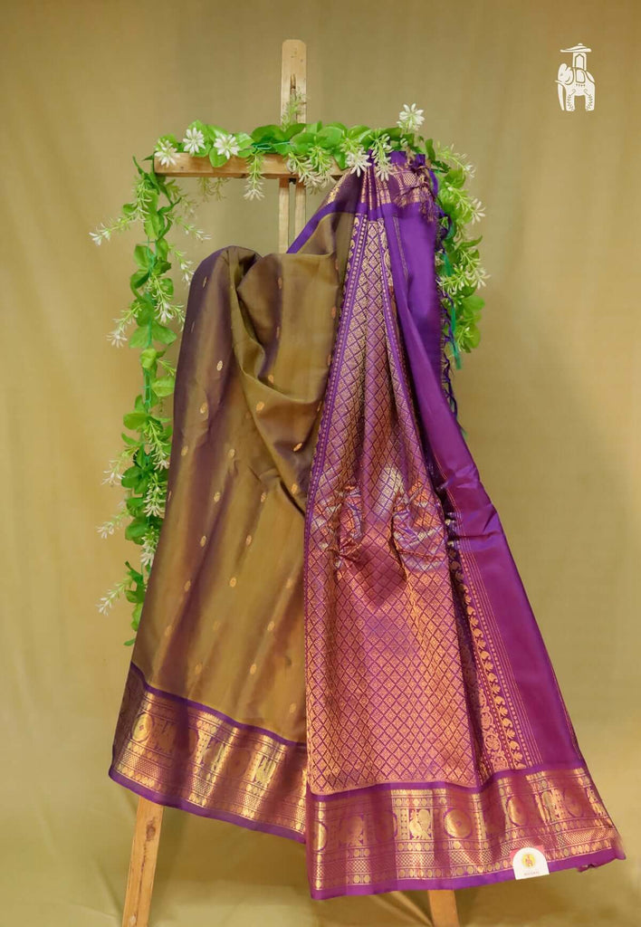 Olive Green Gadwal Sico Saree with Purple Border